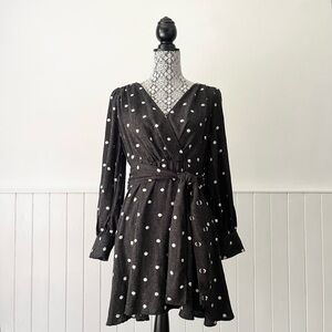 Zara Polka Dot Surplice Neck Long Sleeve Fit & Flare Dress Size M